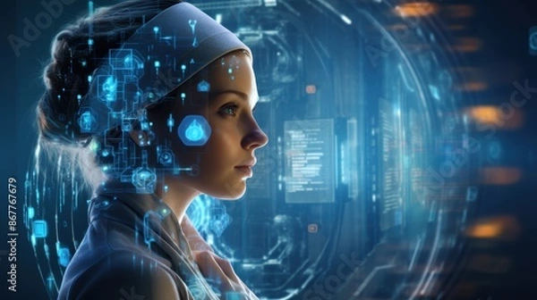 Fototapeta Headshot of a futuristic woman with advanced technological enhancements, symbolizing AI integration and high-tech advancements.