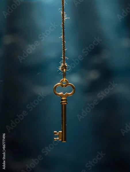 Fototapeta A gold antique key hanging on a string against a blurred background.