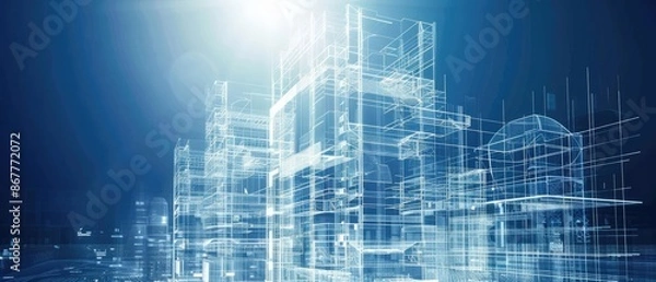 Fototapeta Futuristic cityscape with digital architecture blueprint on a blue background, symbolizing modern technology and innovation in urban design.