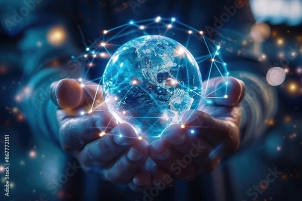 Fototapeta Hands holding a globe with network connections, symbolizing global communication, technology, and interconnected digital world.