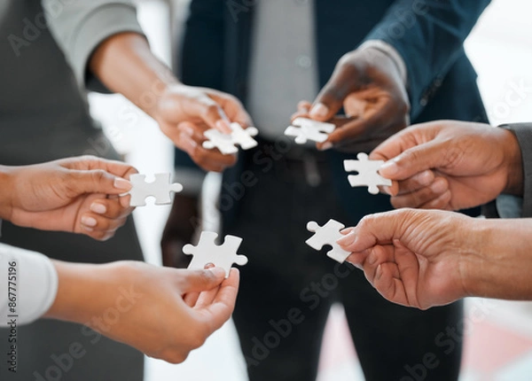 Fototapeta Hands, business people and team with puzzle piece for solidarity, synergy and connection together. Jigsaw, group and worker with trust for collaboration, cooperation and problem solving for solution