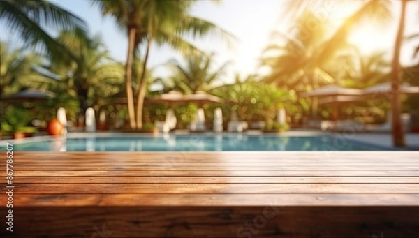 Fototapeta Empty Brown Wooden Table with Textured Surface Overlooking a Tropical Pool. Blurred Background Capturing Summertime Vibes and Refreshing Scene