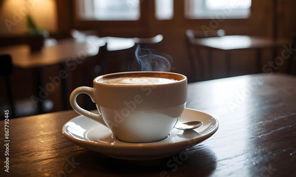 Fototapeta Steaming cup of coffee standing on a table in a cafe