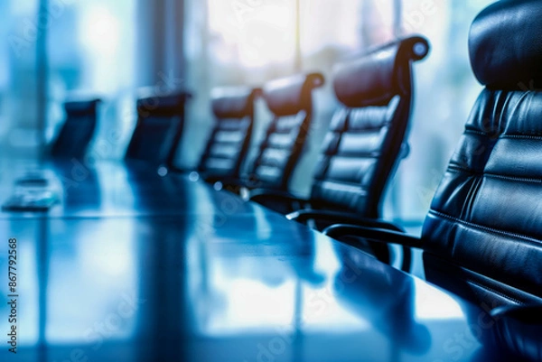 Fototapeta Creative photo of a large meeting table and empty office chairs for the board of directors.