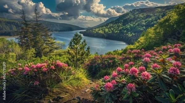 Fototapeta Mountain blooms with Rhododendron myrtifolium overlooking a mountain lake