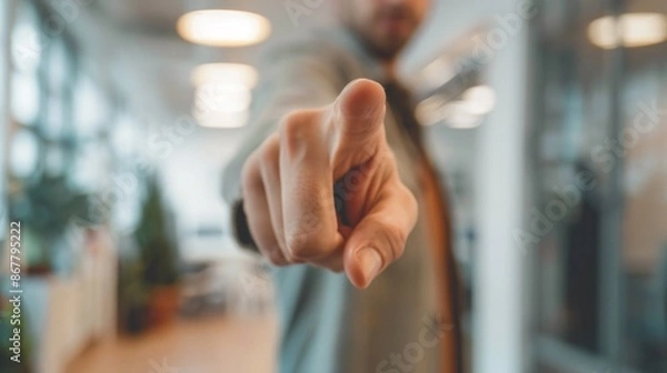 Fototapeta Finger pointing directly at the camera with the person pointing blurred in background standing at a white office