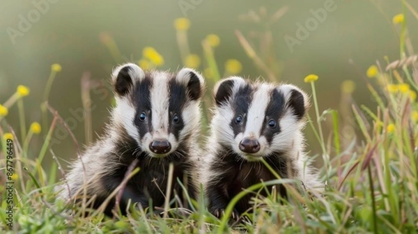Fototapeta Badgers Meles meles two cubs in meadow one faces forward one forages horizontal layout with room for text