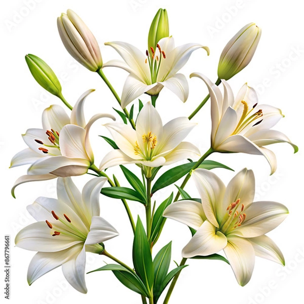 Fototapeta Set of elegant blooming lilies with buds, cut out