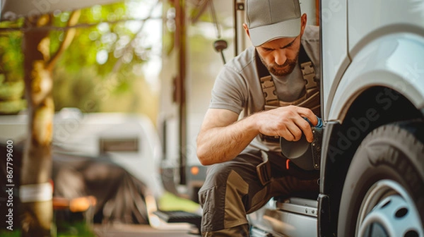 Obraz Owner performing maintenance or repairs on a motorhome, focused on task.