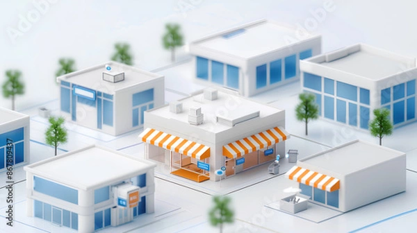 Fototapeta 3D isometric illustration of buildings and shops, with a white background