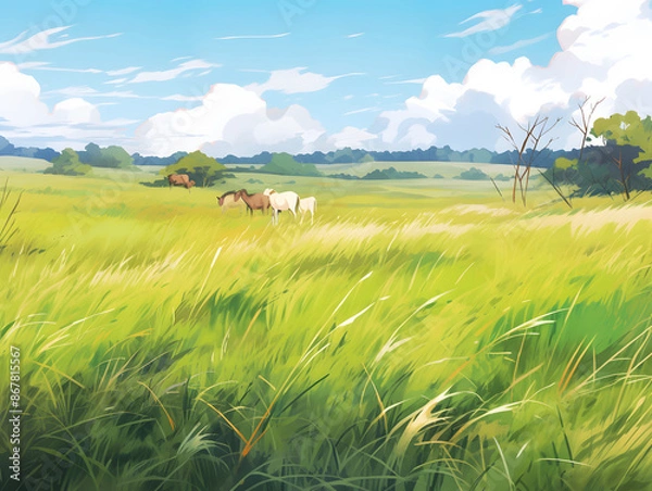 Obraz Green meadow landscape with blue sky.