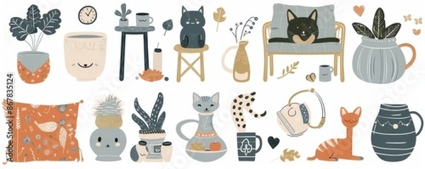 Fototapeta A cartoonish room with a couch, chair, and a few potted plants. The couch has a cat on it and a clock on the wall. Illustration.