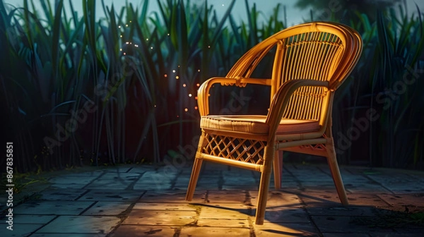 Fototapeta A glowing rattan chair on a patio at twilight with grass in the background. The scene is tranquil and rustic, with a peaceful atmosphere and ample copy space.