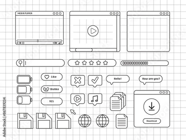 Obraz Collage of user interface elements, UI and UX themes. Fashionable case in the vaporwave style of the 80s-90s, retrowave aesthetics.