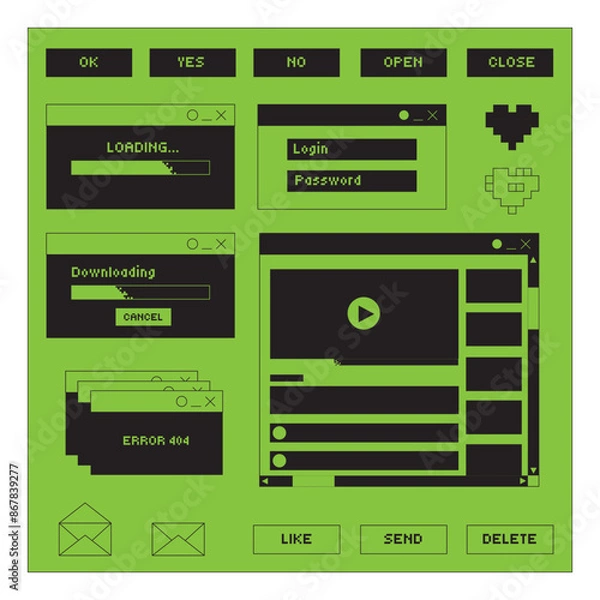 Obraz Collage of user interface elements, UI and UX themes. Fashionable case in the vaporwave style of the 80s-90s, retrowave aesthetics.