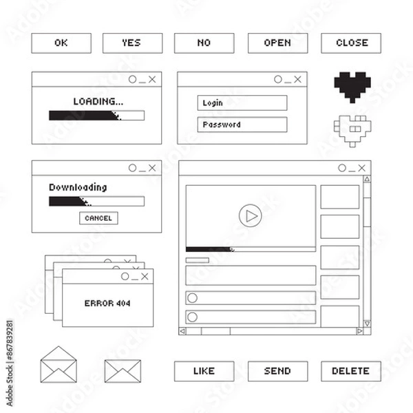 Obraz Collage of user interface elements, UI and UX themes. Fashionable case in the vaporwave style of the 80s-90s, retrowave aesthetics.