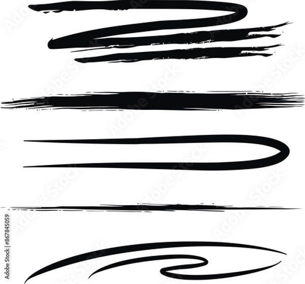 Fototapeta Assortment of black brush stroke lines, ideal for creative, design, or decorative projects.
