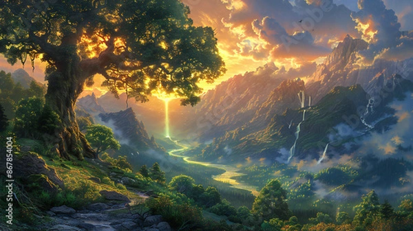 Obraz Creation. Genesis. God planted a garden in a place called Eden. Verdant and serene garden, dominated by a large tree, with waterfalls and a winding river creating a peaceful atmosphere. 
