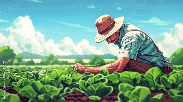 Fototapeta Flat illustration of a farmer using organic farming techniques with healthy crops in the background, highlighting sustainable agriculture.