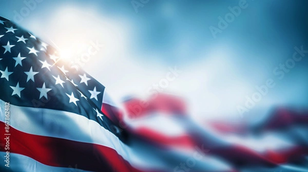 Obraz Close up of American flag. Independance day background. Patriotic background. Labor Day background. 4th of July background. Patriotic banner. USA banner background. USA flag with copy space.