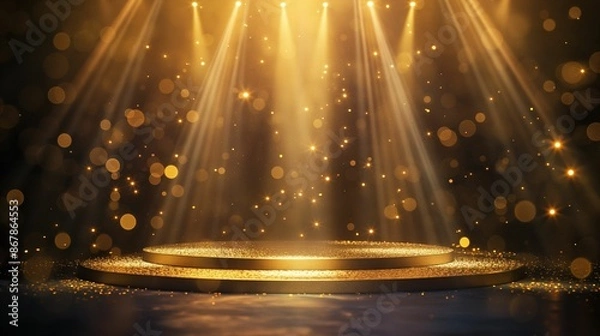 Fototapeta Empty stage with spotlights and bokeh lights.
