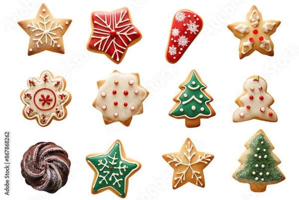 Fototapeta Iced cookies in assorted Christmas shapes