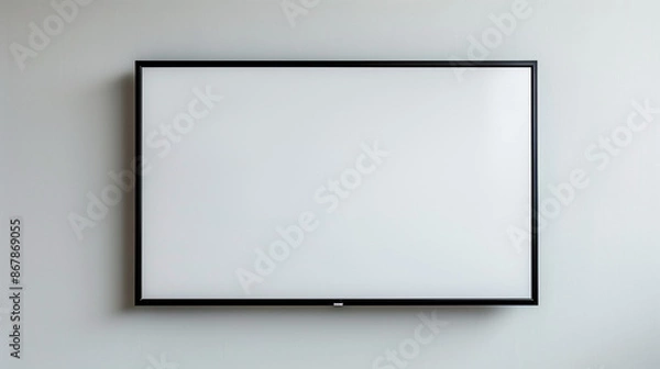 Fototapeta Mockup of a large flat-screen TV hanging on the wall with a black frame, white background and minimalistic style. 