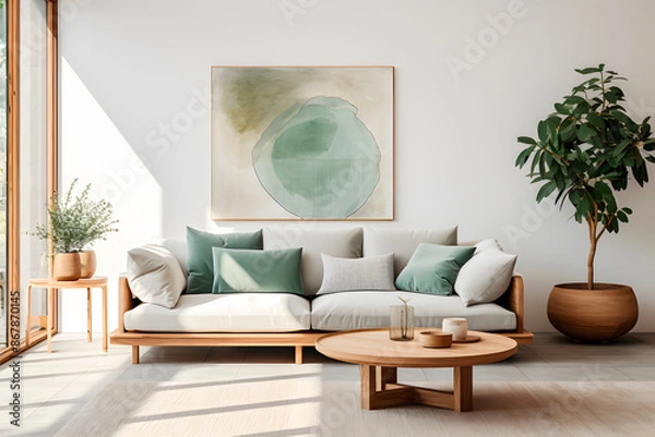 Fototapeta Scandinavian home interior design of modern living room with a sofa with pastel blue cushions, plants and a frame with a painting on the wall.  Palette of blue tones. Generative Ai.