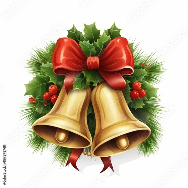 Fototapeta Christmas bell watercolor. Christmas illustration featuring golden bells with a red bow, holly leaves, and berries on a white background. Perfect for festive holiday designs and decor.