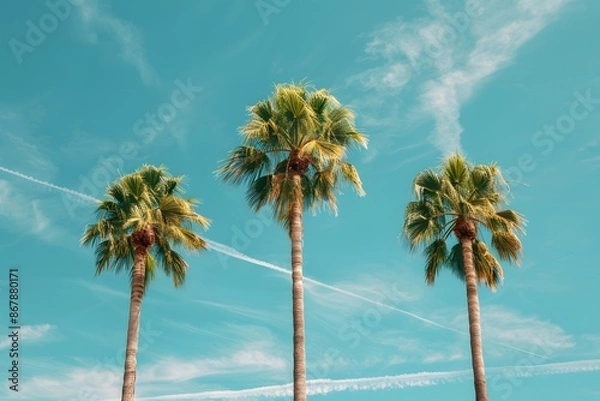 Fototapeta Trio of Palm Trees Against a Clear Blue Sky