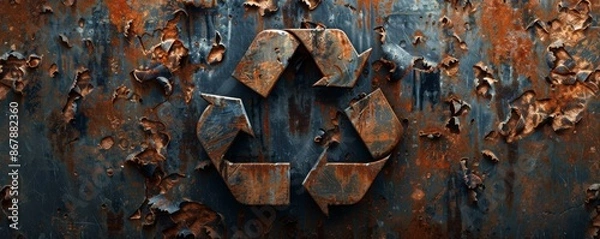 Obraz Rusty recycling symbol on a corroded metal surface, environmental decay concept