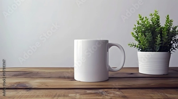Obraz 木製のテーブルの上に置かれた白いマグカップ