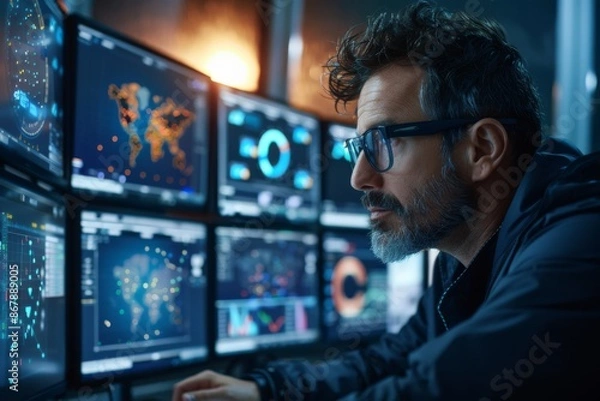 Fototapeta Man Monitoring Data on Multiple Computer Screens