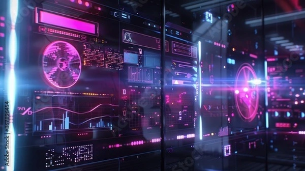 Fototapeta Holographic display with virtual data points and futuristic design elements.