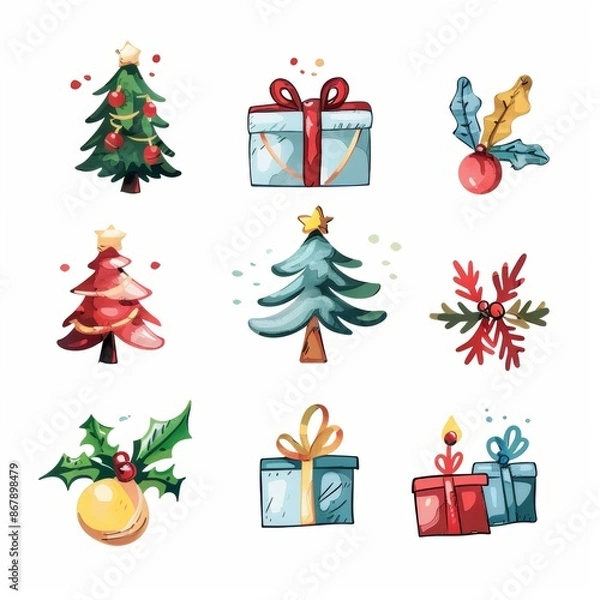 Fototapeta Watercolor illustration of various Christmas trees and gifts, decorated with bows and ornaments. Perfect for festive and colorful holiday designs. set isolated on white background