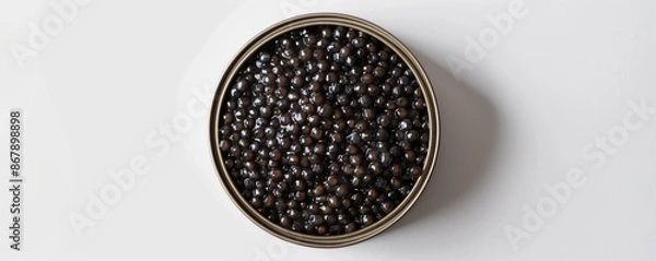 Obraz Top view of black caviar in a tin can on a white background