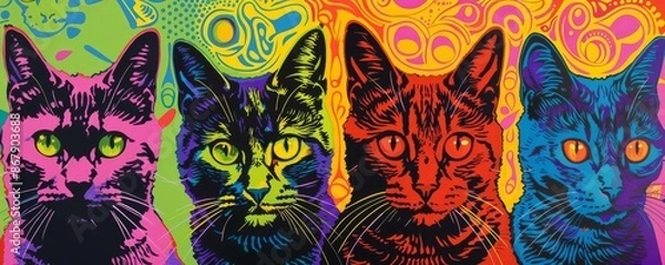 Obraz Pop art style cats in vibrant colors, psychedelic pattern. Modern art and pet concept