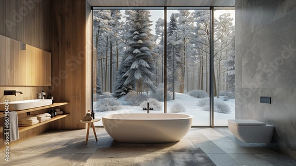 Obraz interior of a bathroom with large window view of the snow and trees outside 