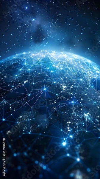 Fototapeta Global network connection abstract blue background with stars World map abstract technology background global business innovation concept