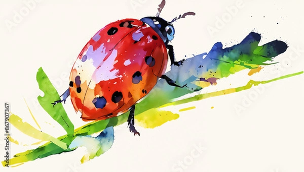 Obraz Ladybug on colorful leaves and flowers. Watercolor stylized illustration on white background. Nature and insect concept. Macro shot.