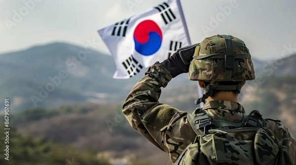 Fototapeta A soldier in camouflage uniform salutes the South Korean flag while standing on a hill overlooking a mountainous landscape.