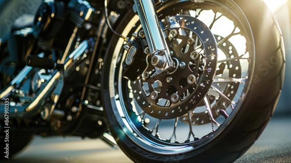 Fototapeta Close-up of a motorcycle wheel with shiny chrome parts and a detailed brake disc mechanism. The sunlight highlights the polished metal surface.