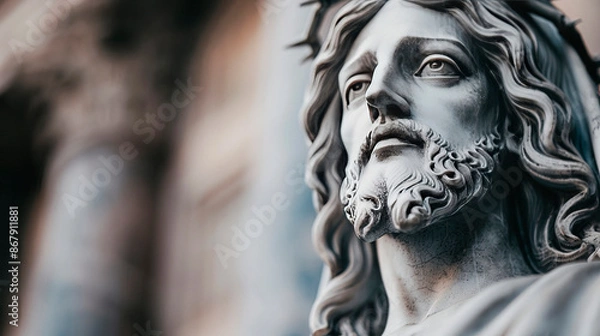 Fototapeta Close-up of a detailed statue of Jesus Christ with a serene expression, located in a church. The image emphasizes the intricate facial features and evokes a sense of peace and spirituality. 