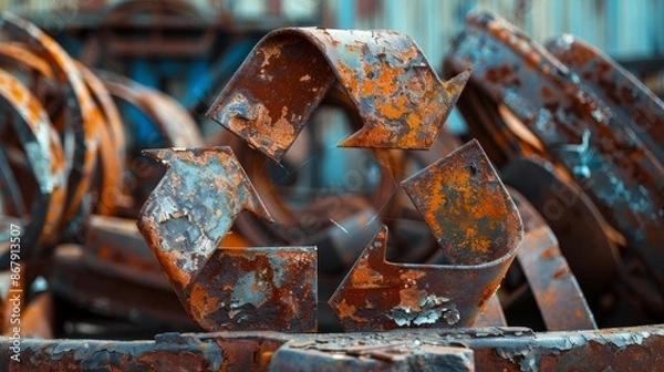 Obraz Rusty metal recycling symbol in scrapyard, environmental concept