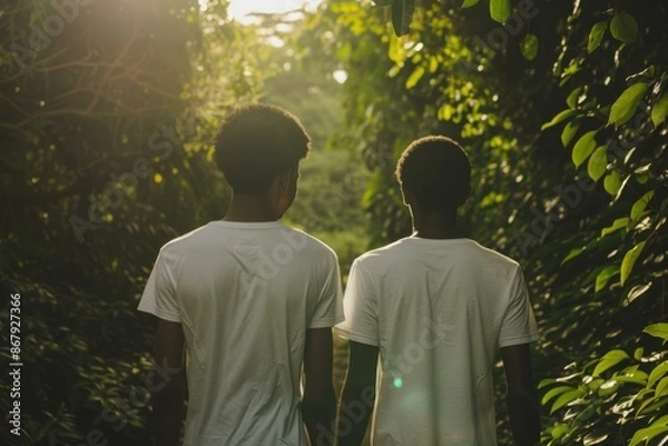 Fototapeta Two friends walking in the forest. AI.