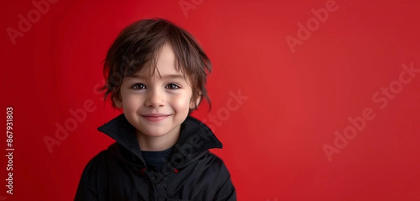 Fototapeta Hispanic Boy Smiling Dressed as a Vampire, Halloween Costume, Solid Red Background with Copy Space.