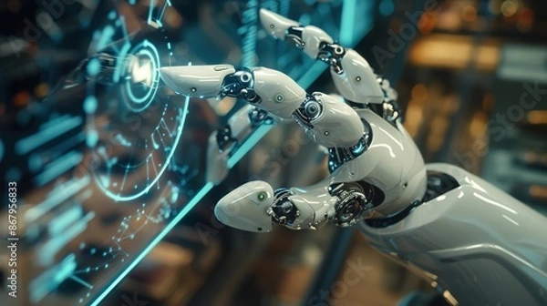 Fototapeta Futuristic Technology Concept: Robot Hand Interacting with Holographic Interface for AI Innovation
