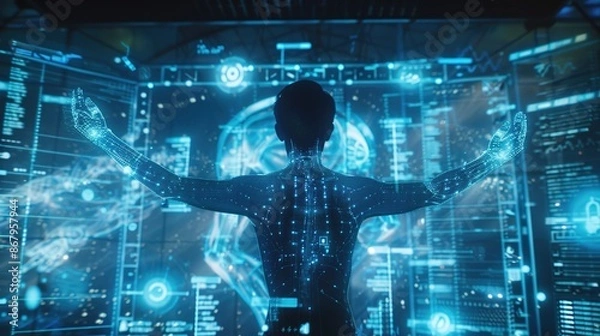 Fototapeta Futuristic 3D Holographic Projection of Human Body with Digital Interface Elements