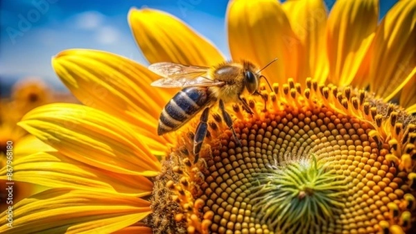 Fototapeta Close-up of a busy bee collecting nectar from a vibrant yellow sunflower on a bright and sunny summer day.