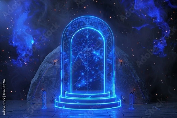 Fototapeta Glowing neon portal with ancient runes in a mystical landscape. Concept of magic, fantasy, portal, gateway, and adventure.